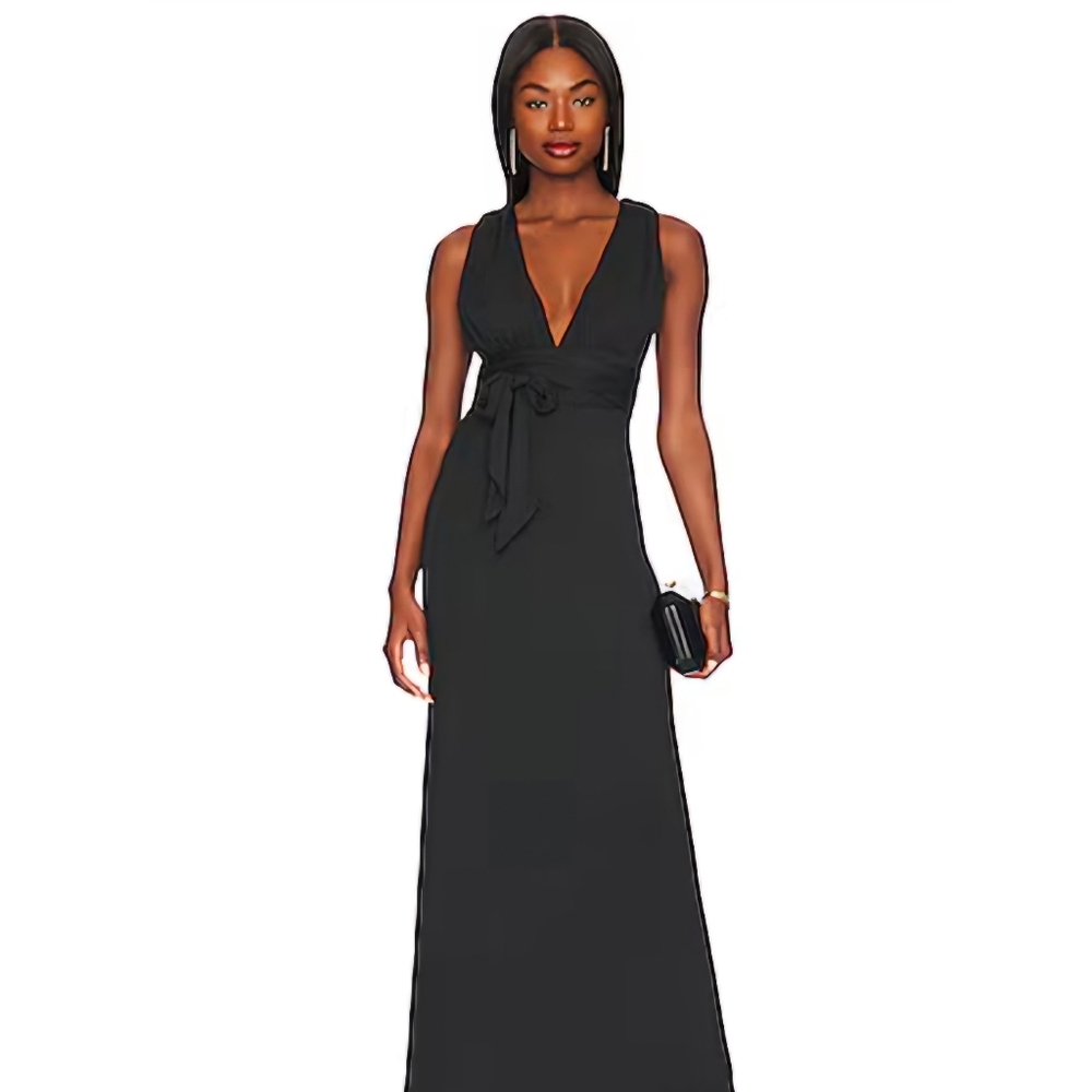 BCBGMAXAZRIA Deep V-Neck Halter Maxi Gown Spiked Hem Dress